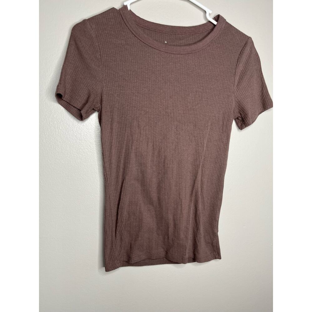 A New Day Brown Ribbed Scoop Neck Neutral Basic Womens Tee Shirt Size XS